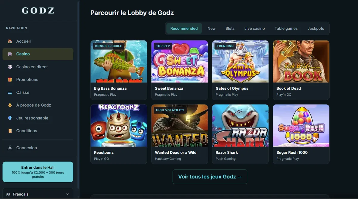 Page d'accueil de Godz, meilleur bonus sans dépôt