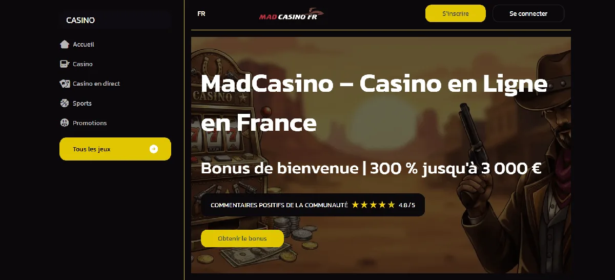 Page d'accueil de MadCasino, bonus sans dépôt casino en ligne