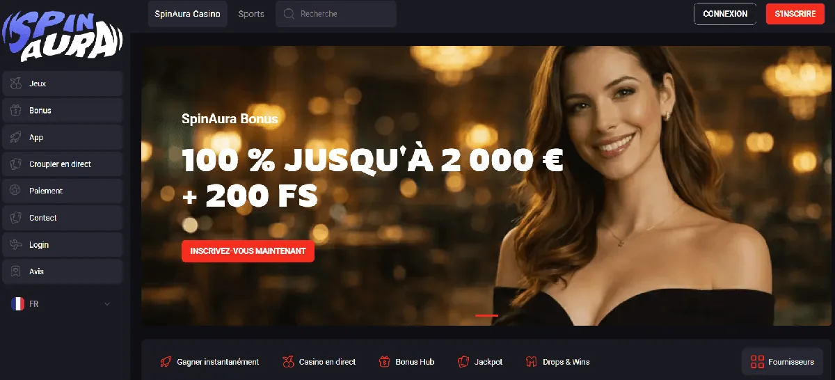 Page d'accueil de SpinAura, casino bonus gratuit sans dépôt