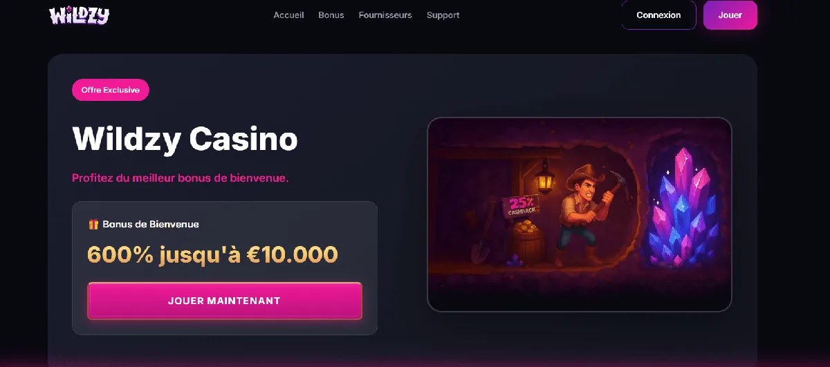 Page d'accueil de Wildzy, casino sans dépôt 10 euros